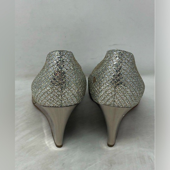 JIMMY CHOO Metallic Champagne Glitter Baxen Peep Toe Wedge DESIGNER Shoes 40 1/2 - Picture 3 of 6